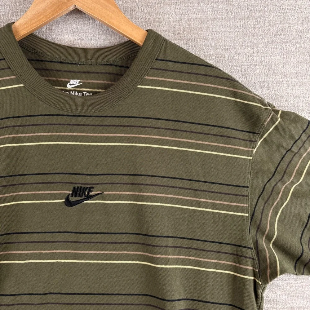 The Nike Tee Mens Striped T-Shirt Olive Green Loose Fit Embroidered Logo S Retro